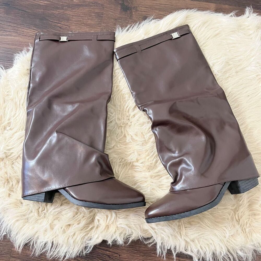 Dark Brown Chunky Slouchy Fold-over Metal Detail Boots EU 41 / US 10
